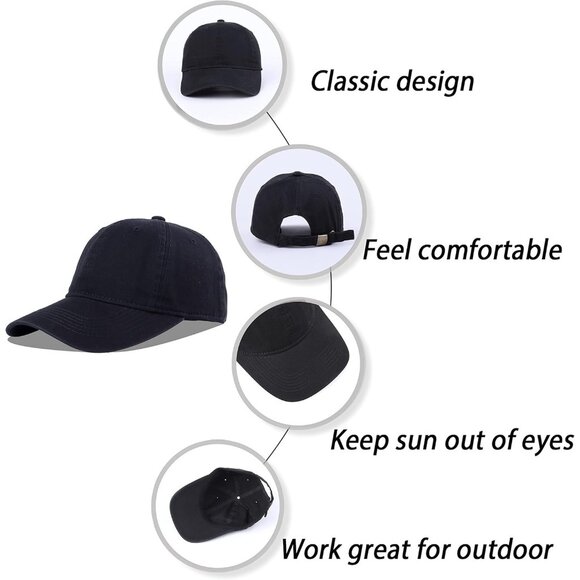 Unisex Black Baseball Cap Cotton Soft Fits Washed Denim Adjustable Hat - Picture 7 of 7